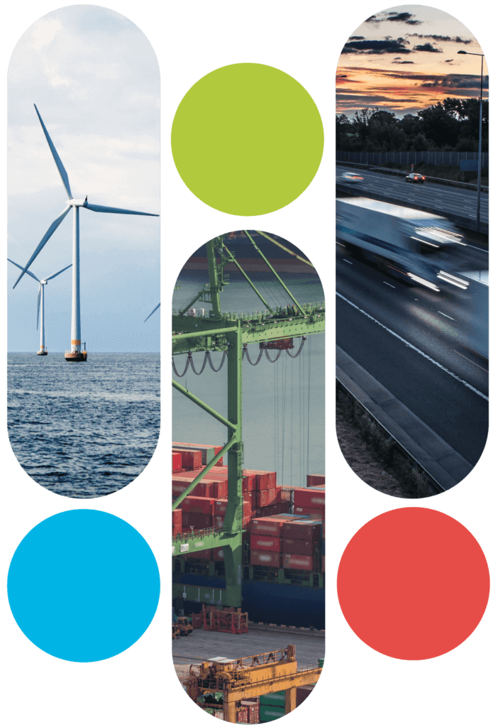 GAIN header image showing wind turbines, shipping containers and HGV's within exclamation points
